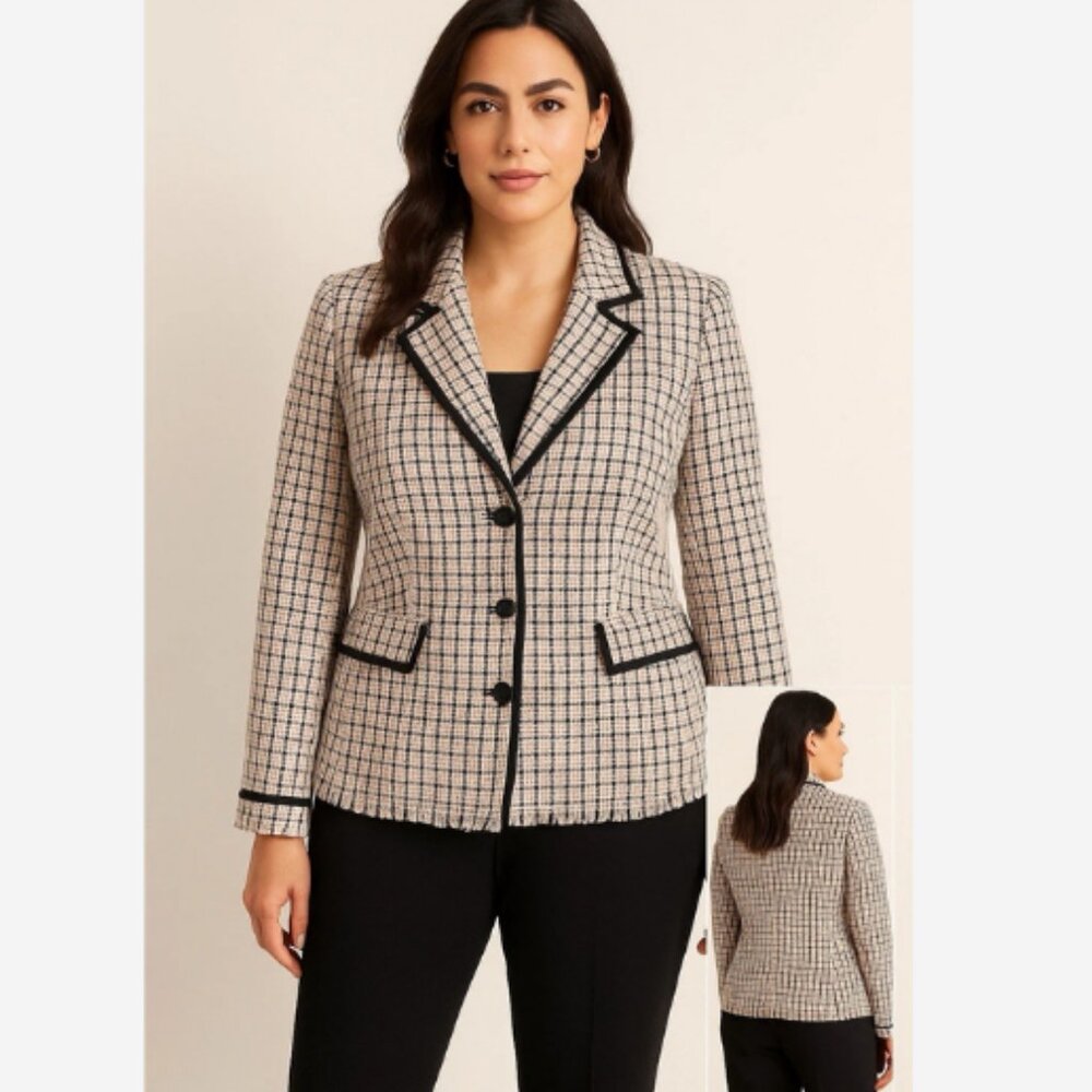 Vintage Lane Bryant Blazer Jacket Size 14 Tweed Black White Pink Fringe Trim